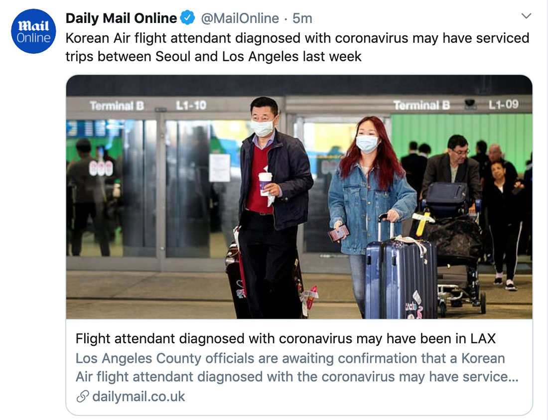Korean Air flight attendant diagnosed with coronavirus may have serviced trips between Seoul and Los Angeles last week